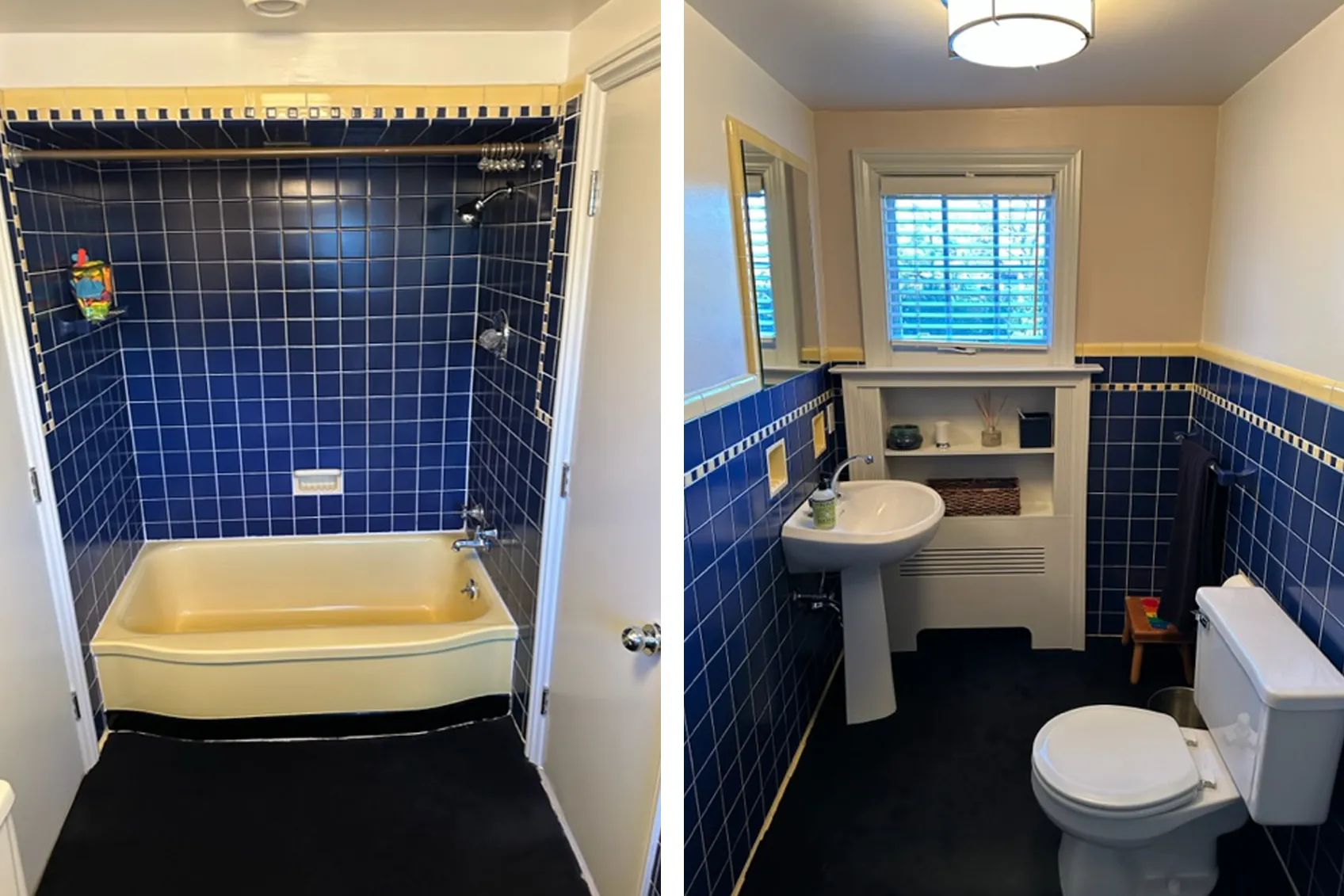 old bathroom with dated blue time